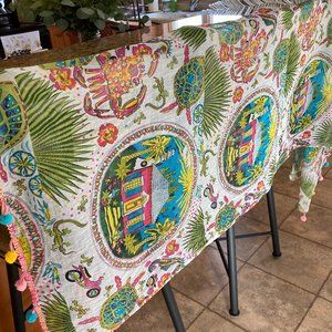 Fun print cotton scarf with pom poms